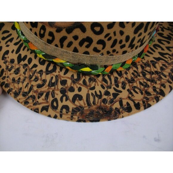 Leopard Print with Moss Agate, Macaw and Pheasant Feathers Fedora Womens Hat - Picture 4 of 5